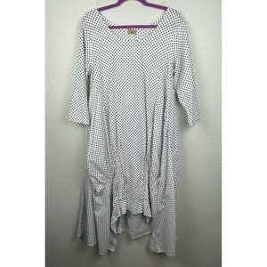 Tulip Midi Dress XS White Polka Dot 3/4 Sleeves Asymmetrical Hem Pintucks Artsy